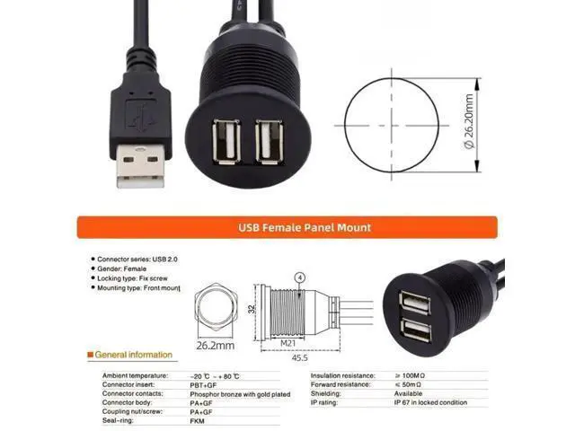 Alt view image 5 of 7 - USB 2.0 Flush Mount 1 Male to 2 Female Extension Cable for Car Dashboard Panel Mount Waterproof Dustproof