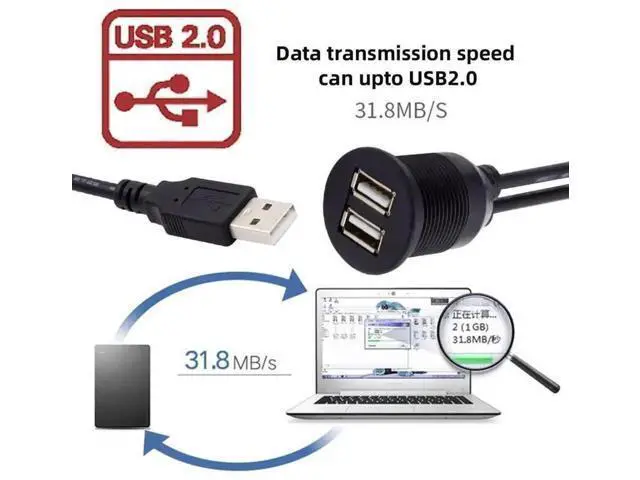 Alt view image 6 of 7 - USB 2.0 Flush Mount 1 Male to 2 Female Extension Cable for Car Dashboard Panel Mount Waterproof Dustproof