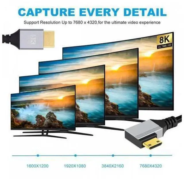 Alt view image 6 of 6 - 90 Degree Left Angled Mini HDMI 2.1 Ultra Thin HDTV Cable 8K 4K Hyper Super Flexible Slim Cord Type-A to Type-C for Camera HDTV