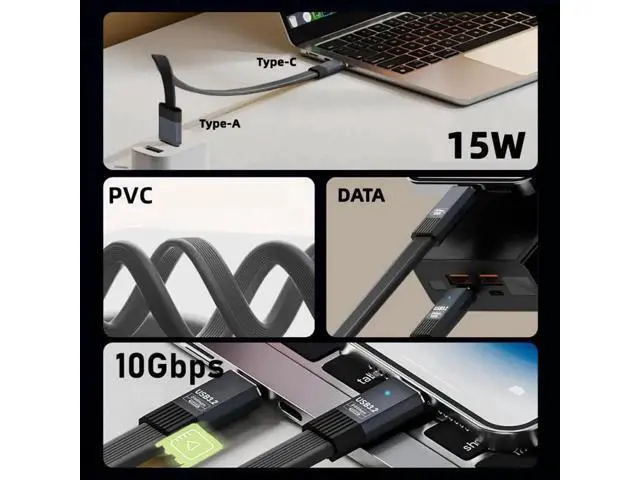 Alt view image 4 of 7 - USB3.1 Type-A Male to Type-C Male 10Gbps Flat Slim FPC USB-C Data Power Cable 5V3A for Laptop Phone Disk (100cm)