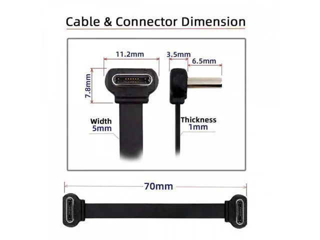 Alt view image 5 of 7 - USB-C Type C to USB-C Ultra Slim Flat Power USB2.0 Data Cable Angled Connector 65W Fast Charge for Laptop Tablet Phone
