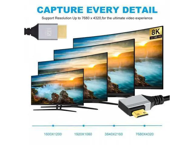 Alt view image 6 of 7 - 90 Degree Right Angled Mini HDMI 2.1 Ultra Thin HDTV Cable 8K 4K Hyper Super Flexible Slim Cord Type-A to Type-C for Camera HDTV