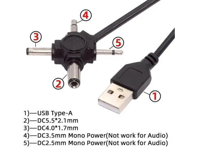 Alt view image 5 of 7 - 4 in 1 DC 5V 5.5x2.1mm 4.0x1.7mm Mono 3.5mm 2.5mm to USB 2.0 Power Plug Barrel Connector Charge Cable 1.5M