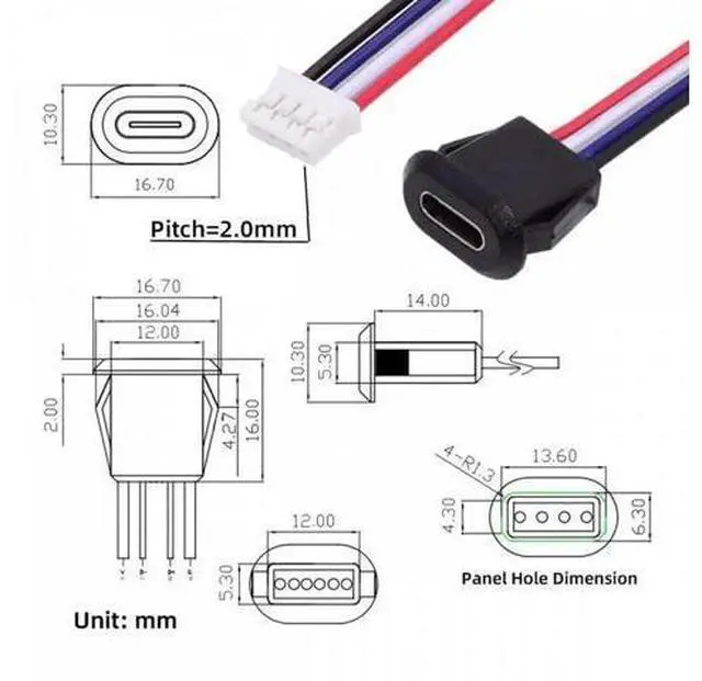 Alt view image 7 of 7 - 5pcs/set DIY OEM Type C Female Socket to 4Pin Header Cable Pitch=2.0mm Latch Mount Type DC 5V Power