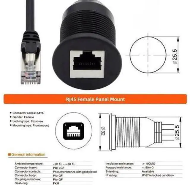 Alt view image 4 of 7 - UT-017-1.0M 1m Waterproof Dustproof Screw Locking CAT6 RJ45 Male to Female Lan Ethernet Network Extension Cable Car Panel Mount Design