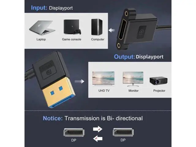 Alt view image 3 of 7 - DisplayPort 1.4 Cable DisplayPort Male to Female 90 Degree Right Angled 8K@60Hz 4K@240Hz 32.4Gbps High Speed Gold Plated Ultrafine Extension Cable Panel Mount Type 0.98FT/0.3M