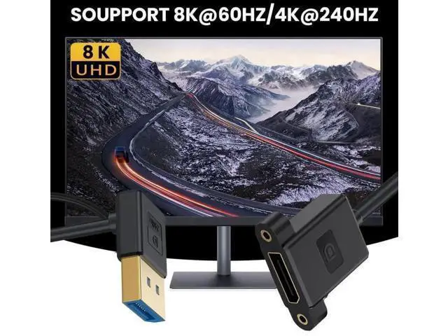 Alt view image 2 of 7 - DisplayPort 1.4 Cable DisplayPort Male to Female 90 Degree Down Angled 8K@60Hz 4K@240Hz 32.4Gbps High Speed Gold Plated Ultrafine Extension Cable Panel Mount Type 0.98FT/0.3M