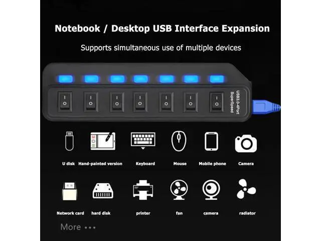 Alt view image 4 of 5 - 4/7 Ports USB 3.0 Hub USB Splitter with Individual Power Switches for PC USB3.0 Splitter with Four Switches Hub Hub With 7-port
