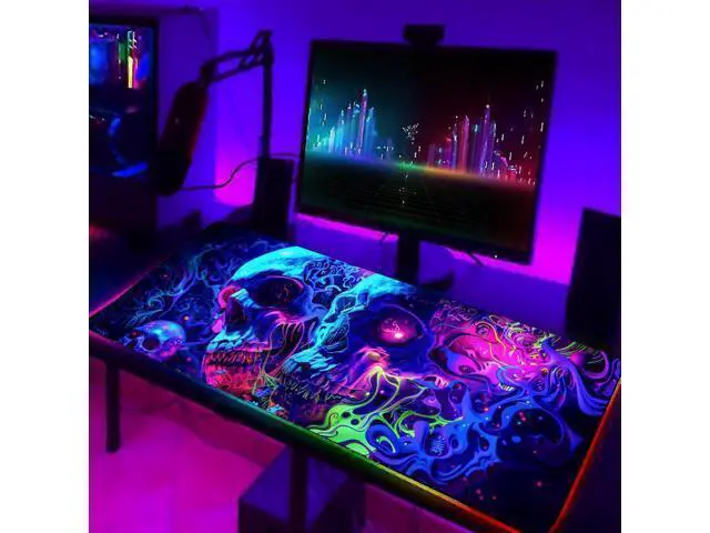 Alt view image 4 of 7 - Horror Skull Mouse Pad Large Waterproof Blacklight Colorful Skeleton Neon Gaming Non-Slip Rubber Base Mousemat Glow in The Dark Abstract Desk Mat for Office Home - 31.5 x 11.8 inches