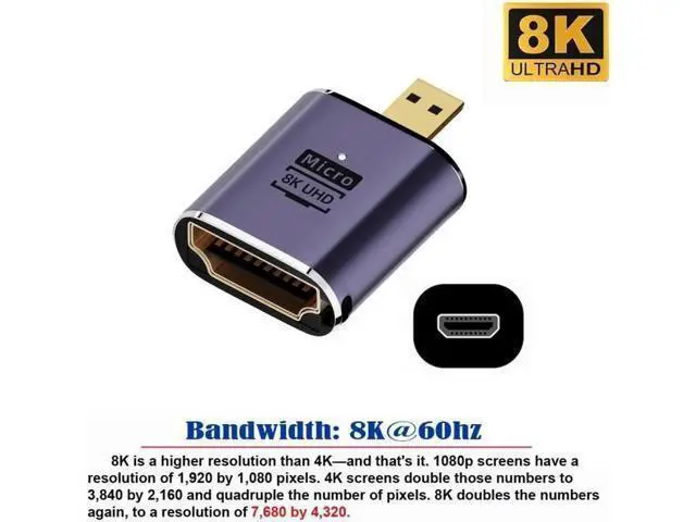 Alt view image 2 of 7 - Micro HDMI Male to HDMI 2.1 Female UHD Extension Gold Converter Adapter Support 8K 60hz HDTV