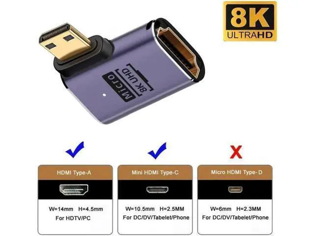 Alt view image 4 of 7 - Right Angled Mini HDMI Male to HDMI 2.1 Female UHD Extension Gold Converter Adapter Support 8K 60hz HDTV