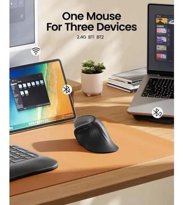 Alt view image 2 of 5 - ProtoArc Ergonomic Vertical Mouse, EM11 NL Rechargeable Wireless Mouse Bluetooth, Ergo Mice with 3 Multi-Device for PC/Notebook/Laptop, 2.4GHz Optical Mice for Windows, Mac OS, Gray