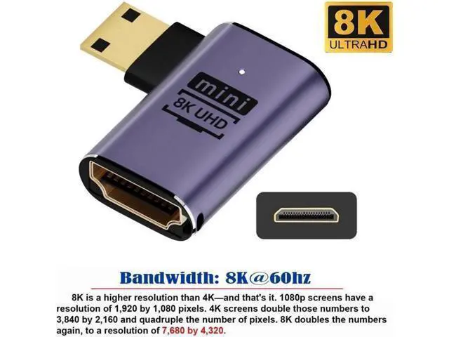 Alt view image 6 of 6 - Left Angled Mini HDMI Male to HDMI 2.1 Female UHD Extension Gold Converter Adapter Support 8K 60hz HDTV