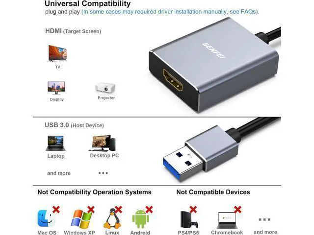 Alt view image 3 of 7 - USB 3.0 to HDMI Adapter USB 3.0 to HDMI Male to Female Adapter for Windows 11 Windows 10 Windows 8.1 Windows 8 Windows 7(Not for Mac)