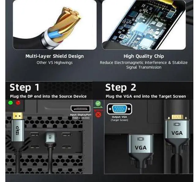 Alt view image 3 of 7 - DisplayPort to VGA Cable 40ft 1080P@60Hz Adapter Converter DP Male to VGA Male for Monitor Desktop Laptop