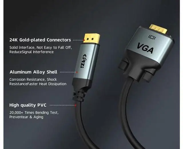 Alt view image 5 of 7 - DisplayPort to VGA Cable 40ft 1080P@60Hz Adapter Converter DP Male to VGA Male for Monitor Desktop Laptop