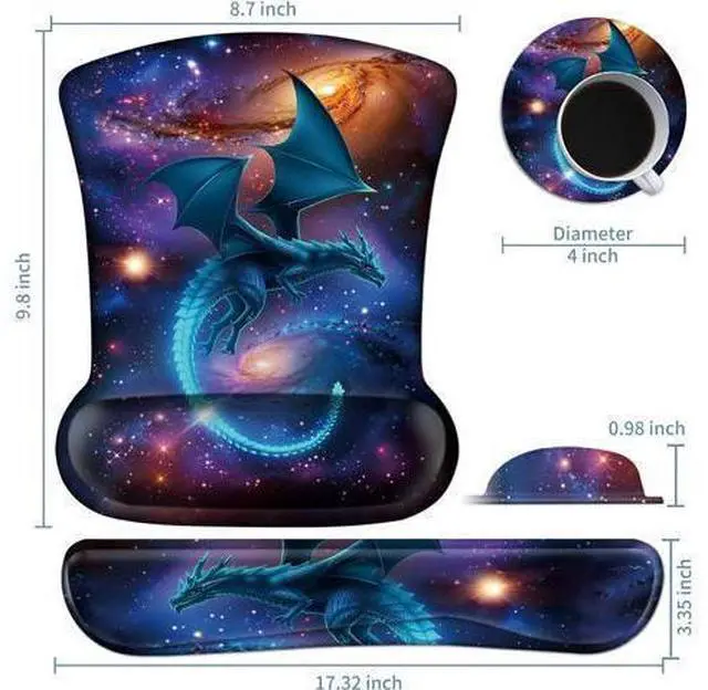 Alt view image 2 of 7 - Keyboard Wrist Rest and Mouse Wrist Rest Pad Set Made of Memory Foam with Non Slip Rubber Base Ergonomic Gel Wrist Rest for Computer Keyboard Gaming Office Working with Galaxy Blue Dragon Coaster