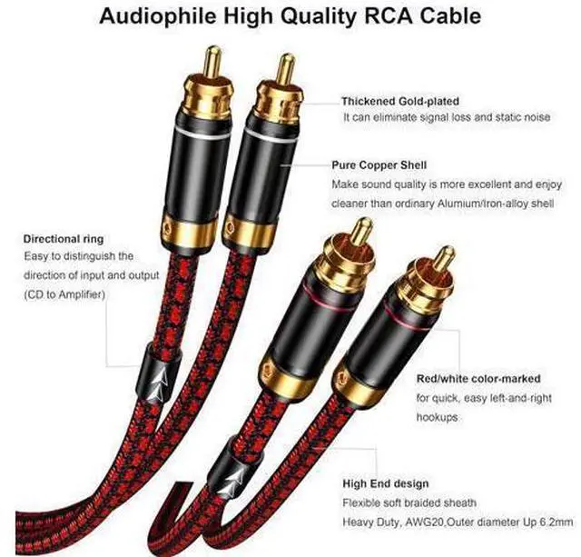 Alt view image 3 of 7 - Auidophile 2RCA Male to 2RCA Male Stereo Audio Cable Gold Plated | 4N Oxgen-Free Copper Core (3 Feet (1M))