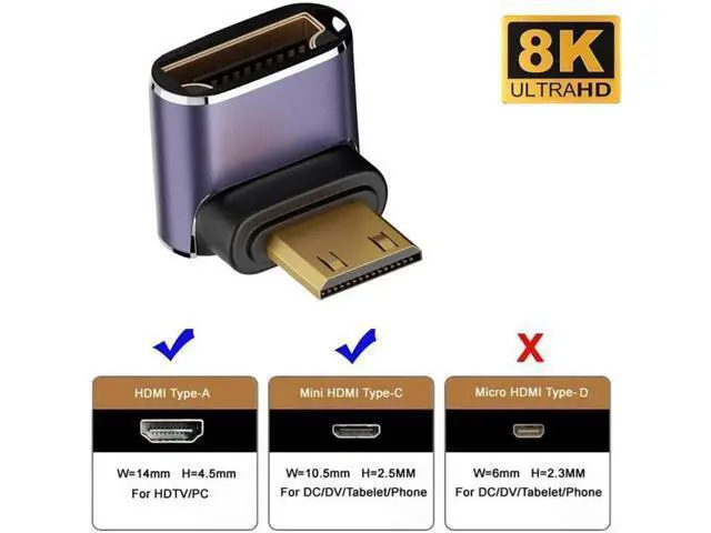 Alt view image 4 of 6 - Down Angled Mini HDMI Male to HDMI 2.1 Female UHD Extension Gold Converter Adapter Support 8K 60hz HDTV