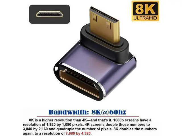 Alt view image 2 of 6 - Down Angled Mini HDMI Male to HDMI 2.1 Female UHD Extension Gold Converter Adapter Support 8K 60hz HDTV