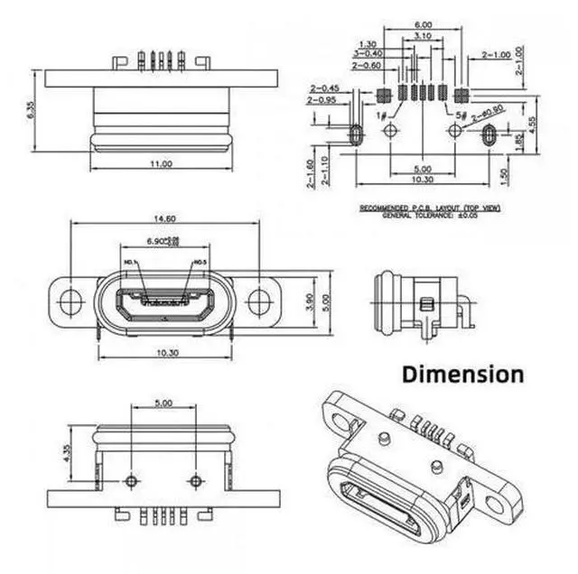 Alt view image 5 of 7 - 5pcs/set DIY OEM USB2.0 Micro-B Female Receptacle Socket Connector with Mounting Waterproof SMT Type 480Mbps
