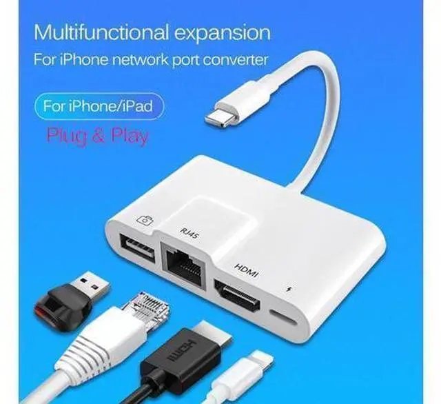 Main image of For iPhone Multi Adapter Lightning Internet+ On-screen+USB+Charging AllIn1 Docking Station Rj45 Connector Living HINI