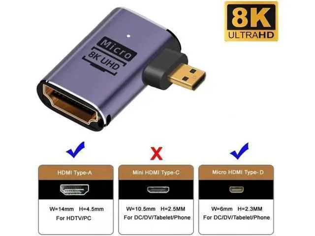 Alt view image 4 of 5 - Right Angled Micro HDMI Male to HDMI 2.1 Female UHD Extension Gold Converter Adapter Support 8K 60hz HDTV