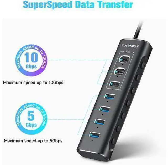 Alt view image 3 of 7 - Powered USB Hub 7-Port USB 3.2/USB C Hub with 10Gbps USB-A 3.2 2 USB-C 3.2 4 USB 3.0 Ports Individual Switches and 12V Power Adapter Aluminum USB Port Expander for Laptop/PC RSH-A107C