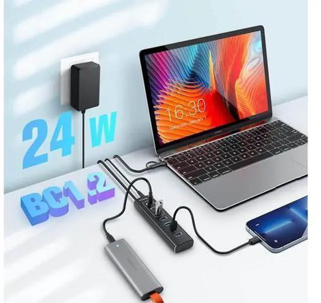 Alt view image 2 of 7 - Powered USB Hub 7-Port USB 3.2/USB C Hub with 10Gbps USB-A 3.2 2 USB-C 3.2 4 USB 3.0 Ports Individual Switches and 12V Power Adapter Aluminum USB Port Expander for Laptop/PC RSH-A107C