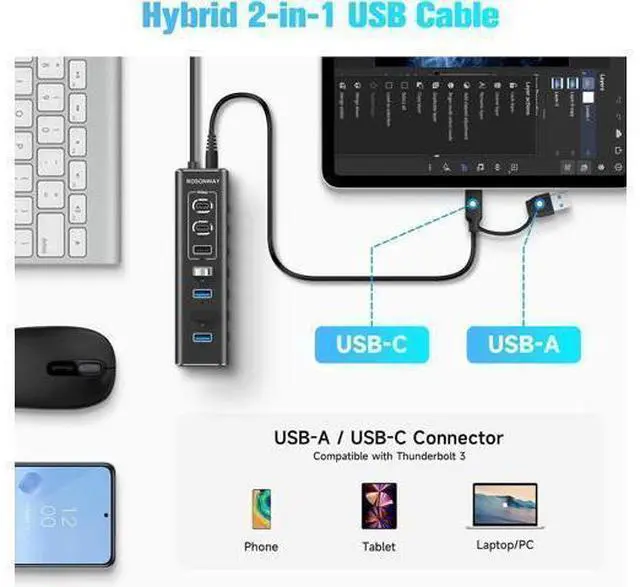 Alt view image 4 of 7 - Powered USB Hub 7-Port USB 3.2/USB C Hub with 10Gbps USB-A 3.2 2 USB-C 3.2 4 USB 3.0 Ports Individual Switches and 12V Power Adapter Aluminum USB Port Expander for Laptop/PC RSH-A107C