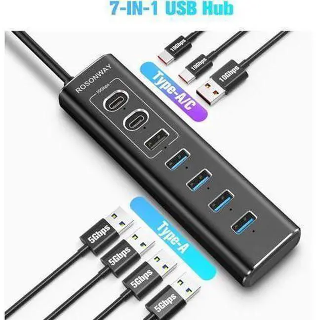 Alt view image 5 of 7 - Powered USB Hub 7-Port USB 3.2/USB C Hub with 10Gbps USB-A 3.2 2 USB-C 3.2 4 USB 3.0 Ports Individual Switches and 12V Power Adapter Aluminum USB Port Expander for Laptop/PC RSH-A107C