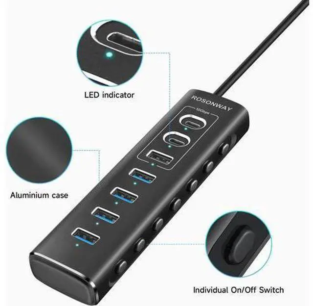 Alt view image 7 of 7 - Powered USB Hub 7-Port USB 3.2/USB C Hub with 10Gbps USB-A 3.2 2 USB-C 3.2 4 USB 3.0 Ports Individual Switches and 12V Power Adapter Aluminum USB Port Expander for Laptop/PC RSH-A107C