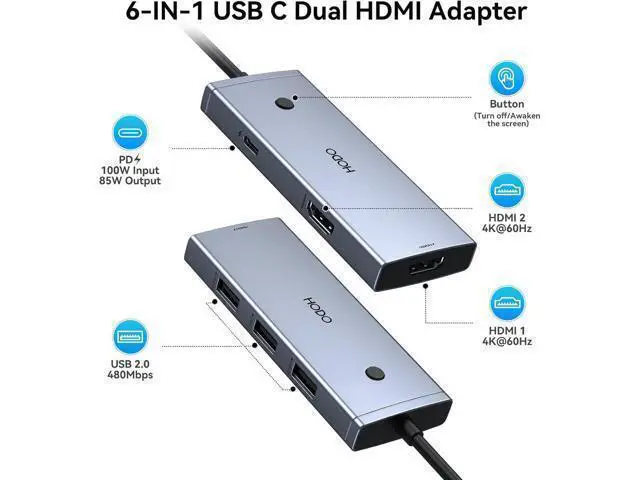 Alt view image 2 of 7 - Docking Station to Dual HDMI Monitors Adapter USB C to Dual HDMI Adapter 4K 60 Hz for Laptops Docking Station Dual Monitor with PD 3 USB Port Button Compatible for Elitebook XPS 13 15 etc