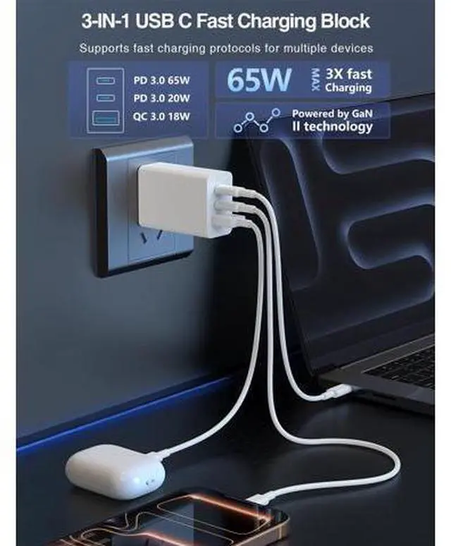 Alt view image 2 of 7 - 65W Dual USB C Charger Block 3-Port 100W Fast USB-C Power Adapter Wall Charger Plug Type C Charging Adapter for Laptop & Tablets/Android Phones iPhone 17/16/15 Pro Max iPad Pro/Air/mini