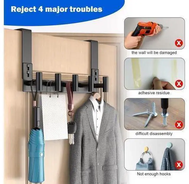 Alt view image 2 of 7 - Over The Door Hooks Door Hanger Hook for Hanging Coat Rack Organizer for Bathroom Towel Holder Bathroom Accessories (Black 5 T-Hooks-Fits 1-3/4 Thick Door)