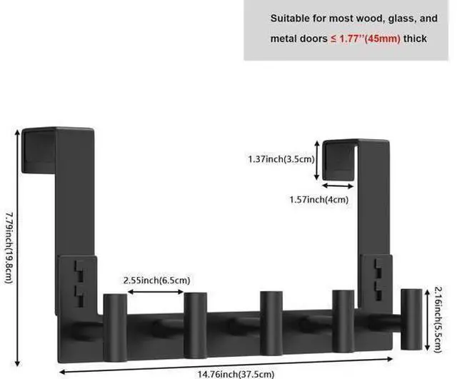 Alt view image 3 of 7 - Over The Door Hooks Door Hanger Hook for Hanging Coat Rack Organizer for Bathroom Towel Holder Bathroom Accessories (Black 5 T-Hooks-Fits 1-3/4 Thick Door)