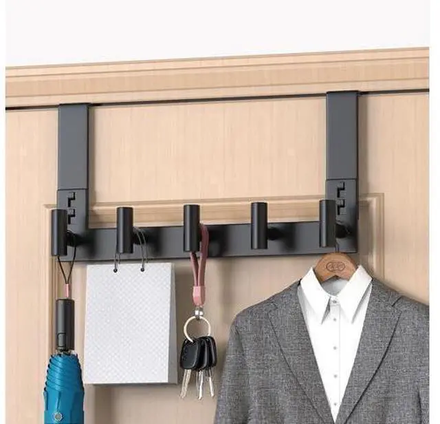 Alt view image 6 of 7 - Over The Door Hooks Door Hanger Hook for Hanging Coat Rack Organizer for Bathroom Towel Holder Bathroom Accessories (Black 5 T-Hooks-Fits 1-3/4 Thick Door)