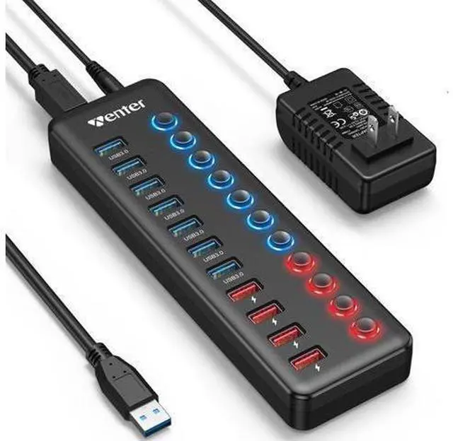 Main image of Powered USB 3.0 Hub Wenter 11-Port Hub Splitter (7 Faster Data Transfer Ports+ 4 Smart Charging Ports) with Individual LED On/Off Switches Power Adapter for Mac PC