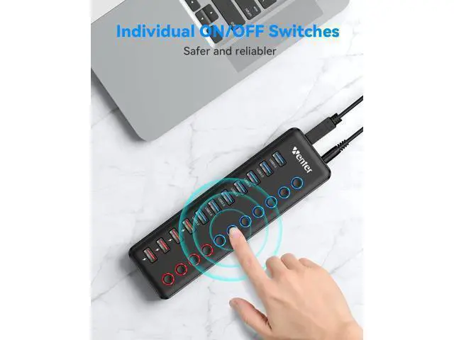 Alt view image 5 of 7 - Powered USB 3.0 Hub Wenter 11-Port Hub Splitter (7 Faster Data Transfer Ports+ 4 Smart Charging Ports) with Individual LED On/Off Switches Power Adapter for Mac PC