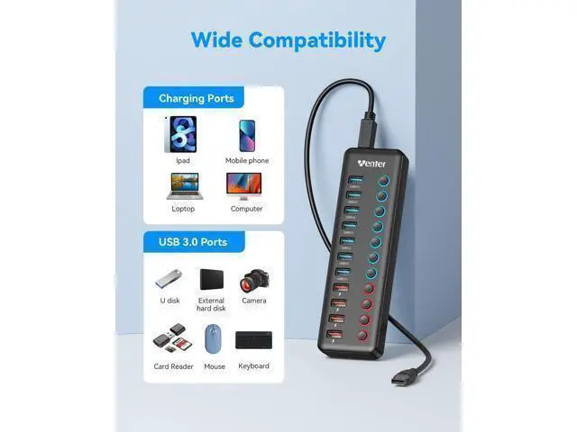 Alt view image 6 of 7 - Powered USB 3.0 Hub Wenter 11-Port Hub Splitter (7 Faster Data Transfer Ports+ 4 Smart Charging Ports) with Individual LED On/Off Switches Power Adapter for Mac PC