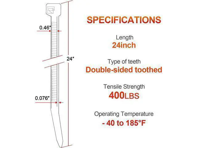Alt view image 2 of 6 - Long Zip Ties Heavy Duty 24 inch400 LBS Tensile Strength With Double Sided Toothed Super Durable Cable Ties Extra Large Wire Ties Adjustable Nylon Tie Wraps for Indoor Outdoor 100 Pack Black