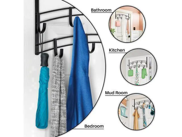 Alt view image 3 of 7 - Professional? Home? Over the Door Hooks - 9 Hook Over the Door Coat Rack - Over the Door Hanger - Hanging Towels or Clothes - Bathroom Bedroom Laundry Room - Lifetime Ltd. Warranty Black