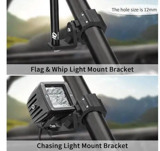 Alt view image 2 of 7 - UTV Whip Light Mount & Light Bar Bracket - Heavy Duty 1.75- 2 Roll Cage Clamp with 360° Rotation Aluminum Flag/Off-Road Light Mount for Polaris RZR Can Am Jeep