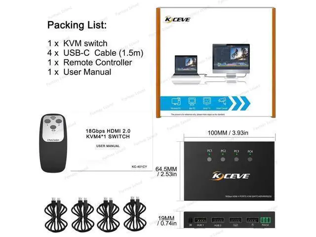 Alt view image 3 of 5 - KC-401CR 4input-1output HDMI kvm USB2.0 2hosts, 1monitor, 1set of keyboard and mouse USB3.0 60hz 4k RS232