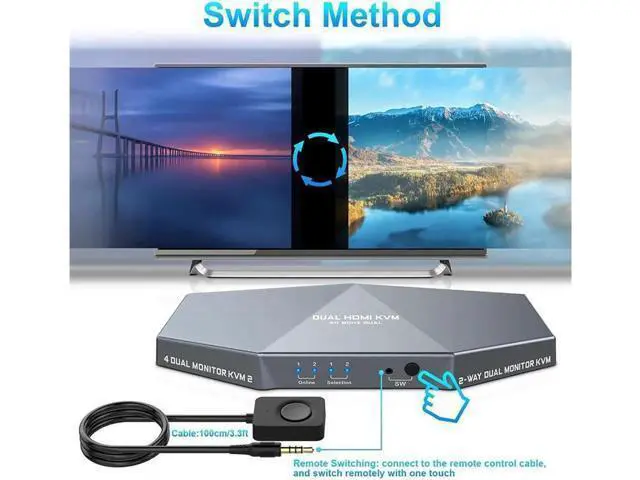 Alt view image 5 of 7 - 2 PCs Dual Monitor HDMI KVM Switch 4K, HDMI KVM Switch Dual Monitor Suitable for 2 Computers + 2 Monitors with Audio, USB Powered, Hotkey Switch, 4K Monitor hdmi Switch with Cables