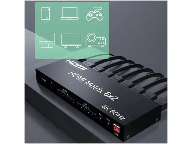 Alt view image 3 of 7 - 2.0 Matrix 6x2 Switch Splitter, 6 in 2 Out HDMI Video Switcher Splitter with Audio Extractor/IR Remote Controller, HDR 4K @60Hz RGB/YUV 4:4:4 SPDIF Optical + 3.5 mm Jack Audio Output