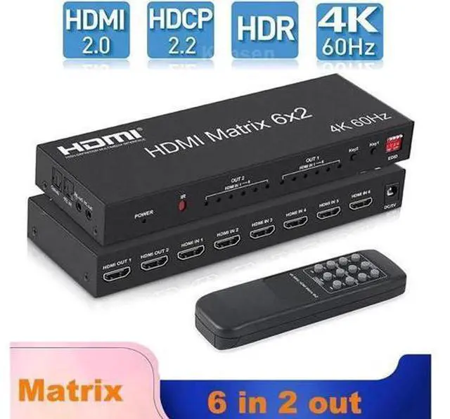Main image of 2.0 Matrix 6x2 Switch Splitter, 6 in 2 Out HDMI Video Switcher Splitter with Audio Extractor/IR Remote Controller, HDR 4K @60Hz RGB/YUV 4:4:4 SPDIF Optical + 3.5 mm Jack Audio Output