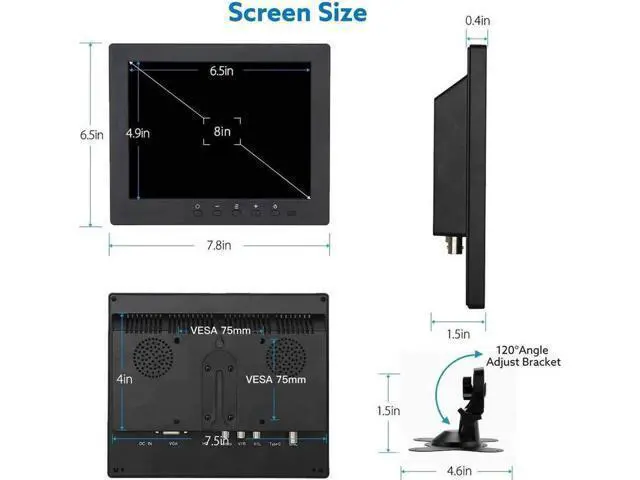 Alt view image 6 of 6 - 8 Inch HDMI Monitor 1024x768 Resolution Small Display Portable 4:3 TFT LCD Mini HD Screen Support HDMI VGA BNC AV Input