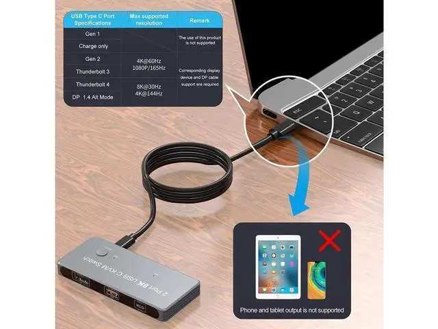 Alt view image 7 of 7 - USB C KVM Switch, 8K KVM Switches 2 Ports USB Type-C for 2 Computers Share One 8K HD Monitor, Switch Selector with 3 USB Supported Wireless Devices Keyboard Mouse Printer Scanner
