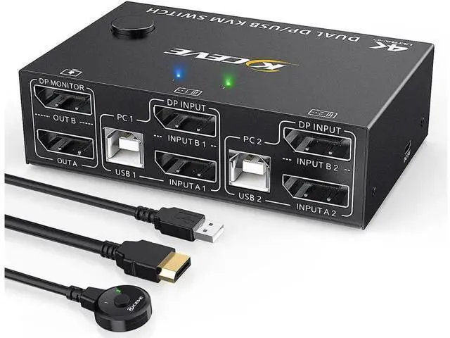 Alt view image 3 of 7 - Monitor Displayport KVM Switch DisplayPort 1.4 8K @30Hz 4K @144Hz, DP Extended Display Port KVM Switch for 2 Computers Share 2 Monitors and 4 USB 2.0 Ports, Wired Remote and 4 Cables Included